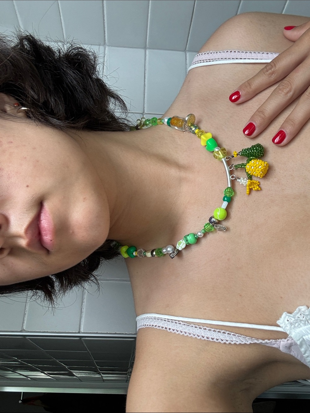 Handcrafted Green & Yellow Beaded Fruit Charm Necklace